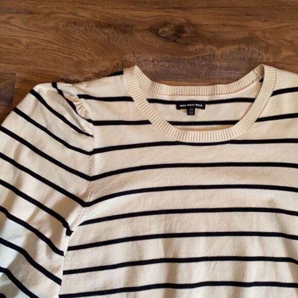 Who What Wear Striped Poetic Puff Sleeve Crewneck Pullover Sweater - Picture 5 of 12